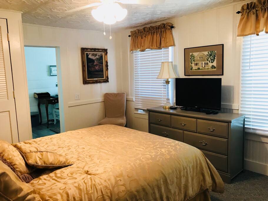 The bedroom has plenty of storage, new privacy blinds, a TV, and is truly a restful space!