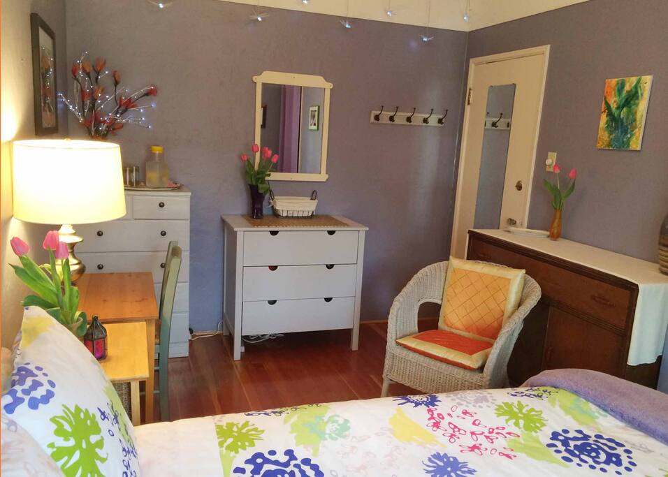 A dresser, hooks, full-length mirror and easy chair help you feel right at home.There's also a closet with lots of hangers and a shoe rack.