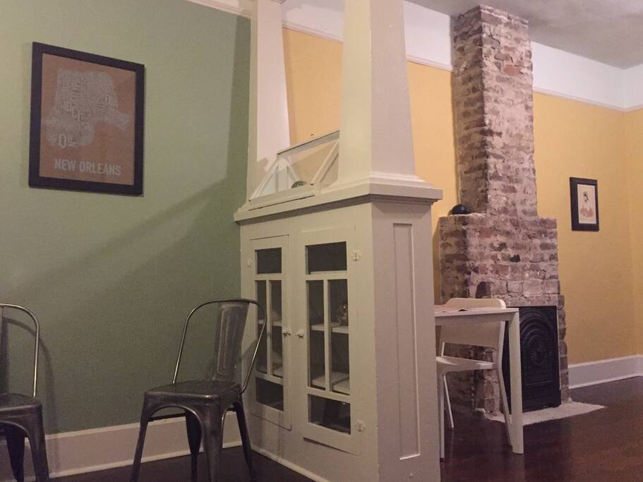 Built in Craftsmen cabinets and uniquely shaped chimney.