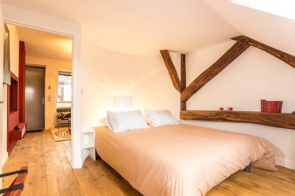 prostrana spavaća soba s bračnim krevetom i prekrasnim pogledom na CRKVU SAINT BENIGNE.