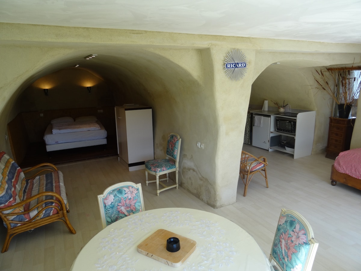 An open layout features a cozy sleeping area with a spacious bed in a cave-like ambiance. A dining table is surrounded by colorful chairs, while a small kitchenette equipped with essential appliances is visible. Warm, natural tones embrace the unique design.