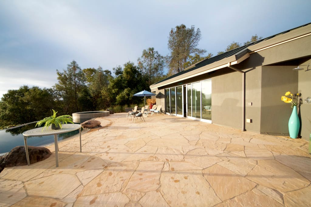 The front of the guest house and pool deck.