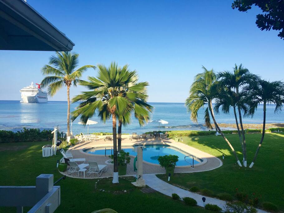 View from verandah over pool and ocean.