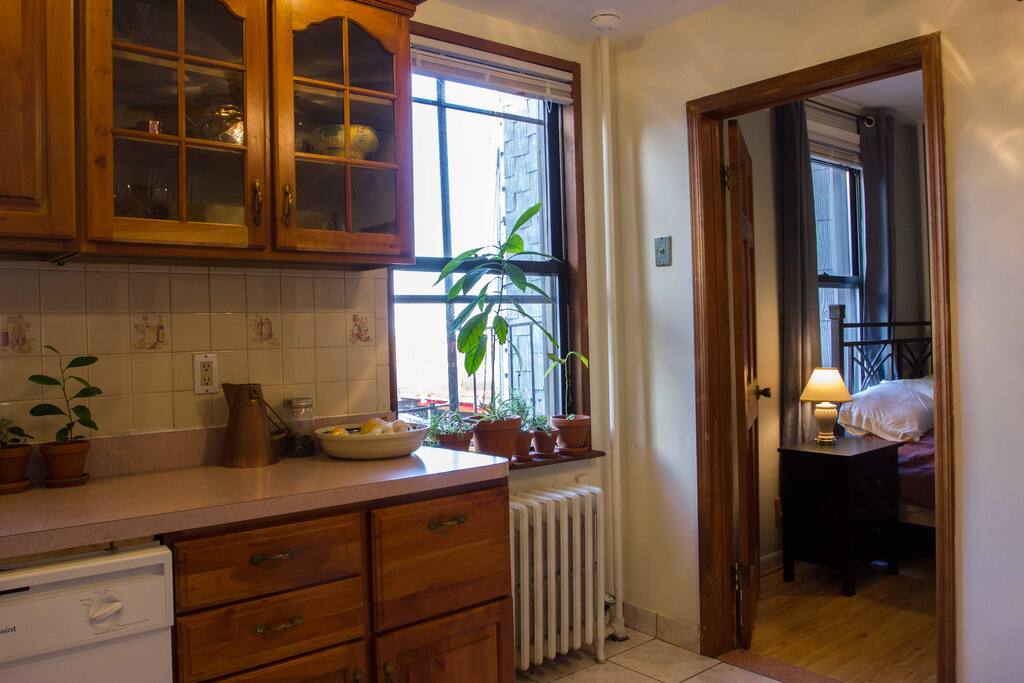 One bedroom is located just off the kitchen.