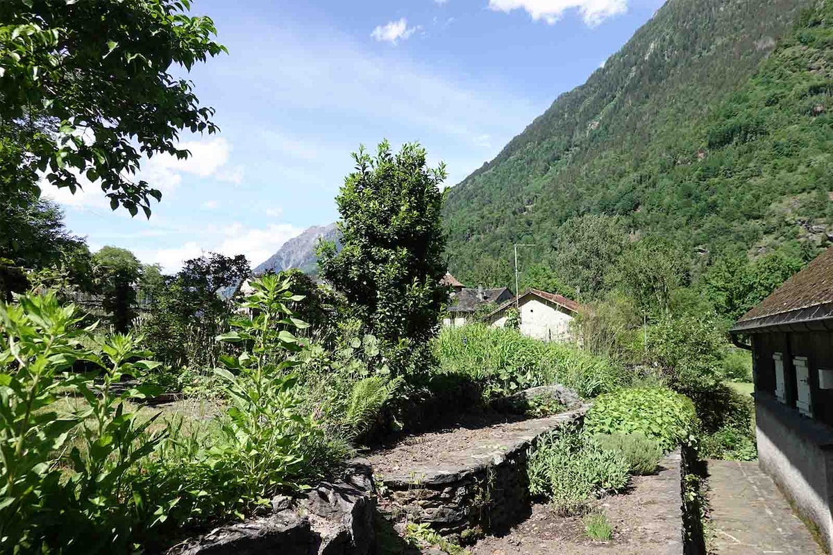 A view of the surrounding landscape features a lush garden area with various greenery, including trees and shrubs. In the background, the mountains rise with a mix of greenery and rocky terrain under a clear blue sky.