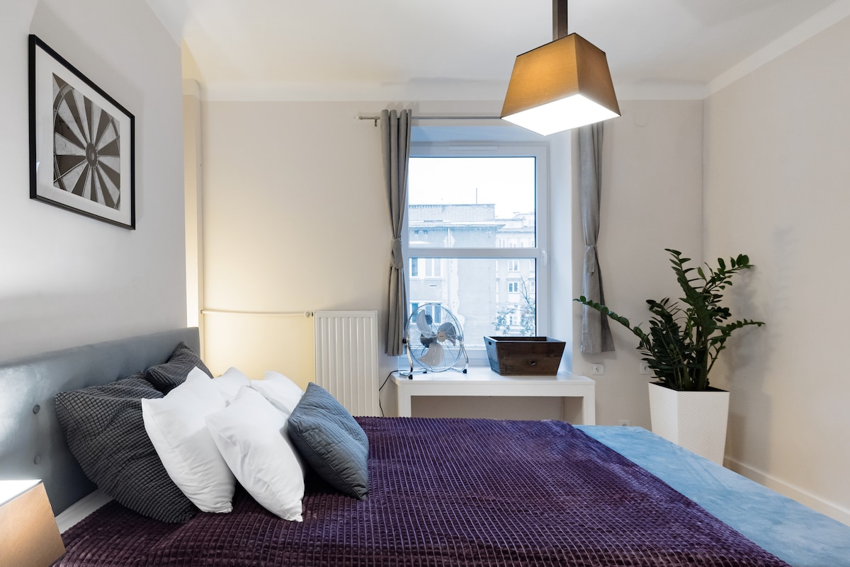 A comfortable sleeping area is highlighted by a spacious bed adorned with plush pillows. Natural light enters through a sizable window, complemented by a stylish lamp and a potted plant, creating a serene environment.