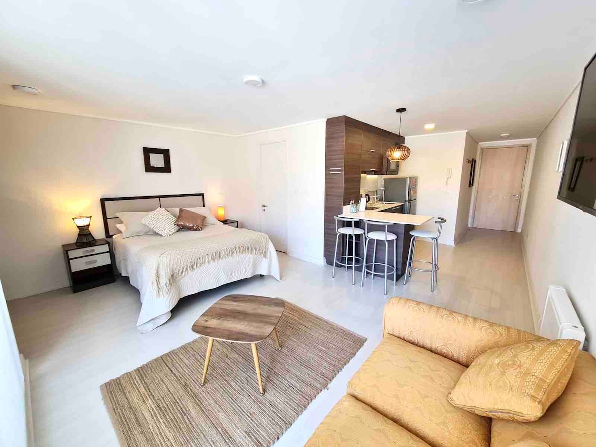 A studio apartment showcases a queen-sized bed with neutral bedding, beside a wooden nightstand. A stylish kitchenette is visible in the background, accompanied by two bar stools at a small dining area. A cozy sofa is placed near a coffee table on a patterned rug.