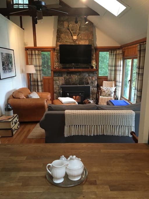 cozy living room with fireplace and lake view