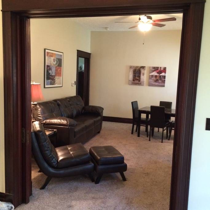 Downstairs living area with queen sleeper sofa with gel mattress