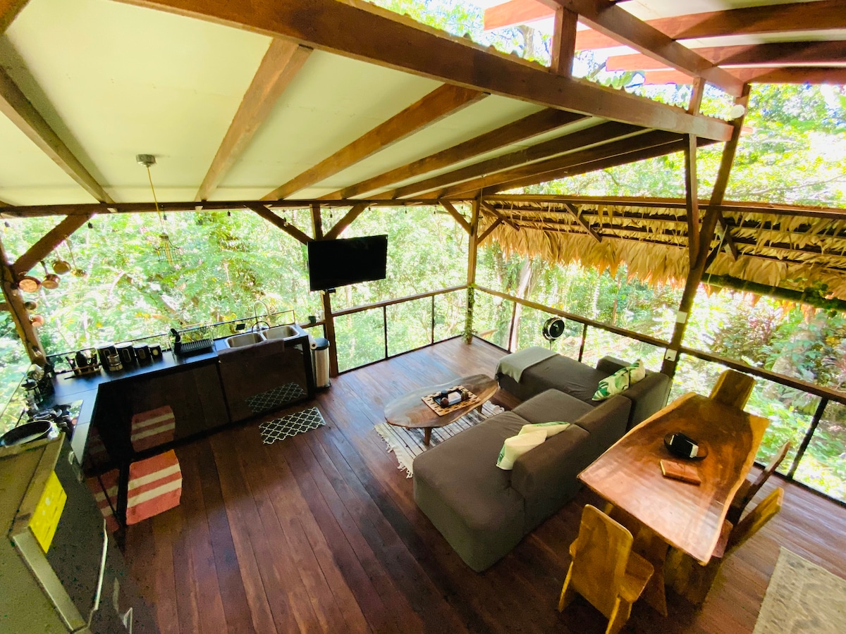 An open living area features a combination of natural wood beams and modern furnishings. A spacious kitchen is equipped with essentials, while a comfortable seating area offers a sleek sofa and wooden table surrounded by lush green foliage outside, creating a connection with nature.