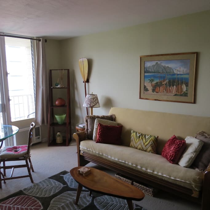Sofa is a very comfortable full sized futon, condo is filled with elegant
Hawaiian decor.