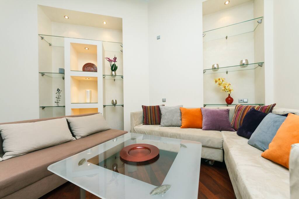 In the living room there are two comfortable sofas infront flat-screen TV. Also living room is fitted with elegant glass coffee table, conference table for 6 people and a comfortable table for the computer work.