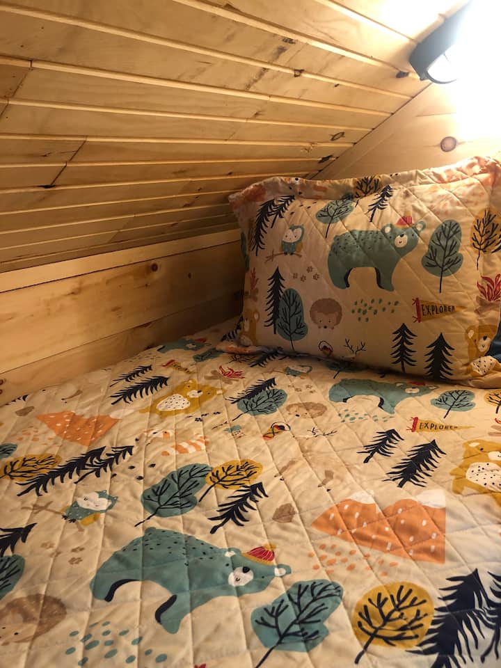 Bunkie area #1 in loft- complete with light and electrical outlet