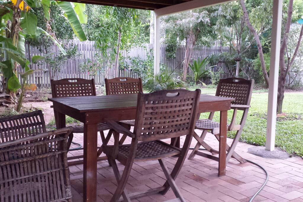 outdoor area out the back beside the above ground pool.