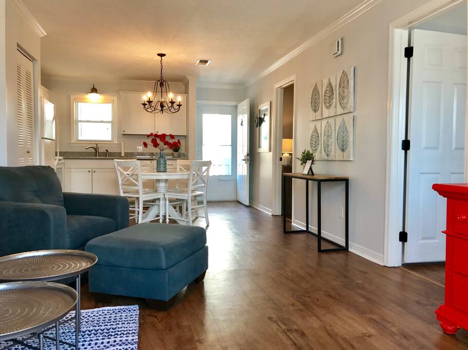 Bright, open living room and kitchen