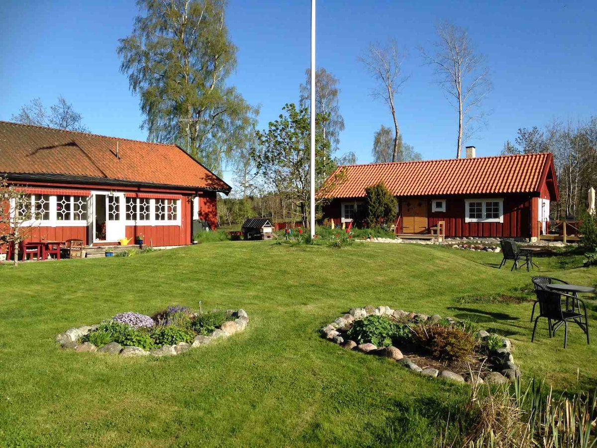A well-maintained garden features two red wooden cottages set against a clear blue sky. Neatly arranged flower beds and stone pathways enhance the outdoor space, providing areas for relaxation. Lush green grass surrounds the cottages, creating a peaceful setting.