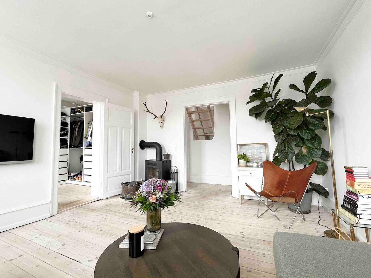 A well-lit living room features a circular coffee table at the center, surrounded by a green potted plant and a minimalist chair. A cozy heating stove is positioned against a white wall with a decorative antler mounted above. A doorway leads to a closet and staircase.