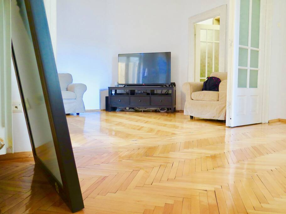 Spacious shared living room with home entertainment