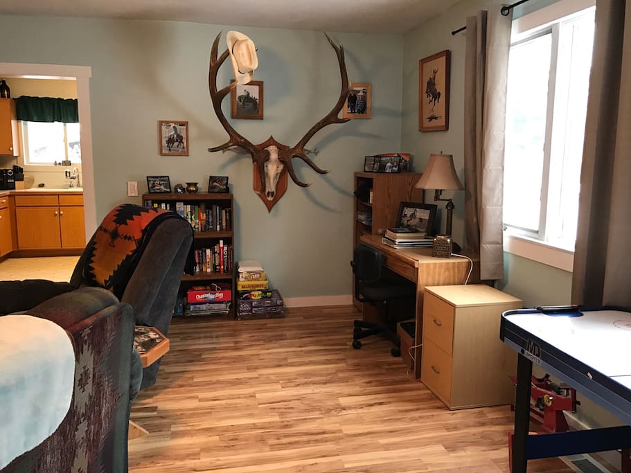 Books, games, air hockey table.