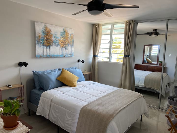 Собата има брачен кревет (широк 150-179 см) и конзола за клима уред.