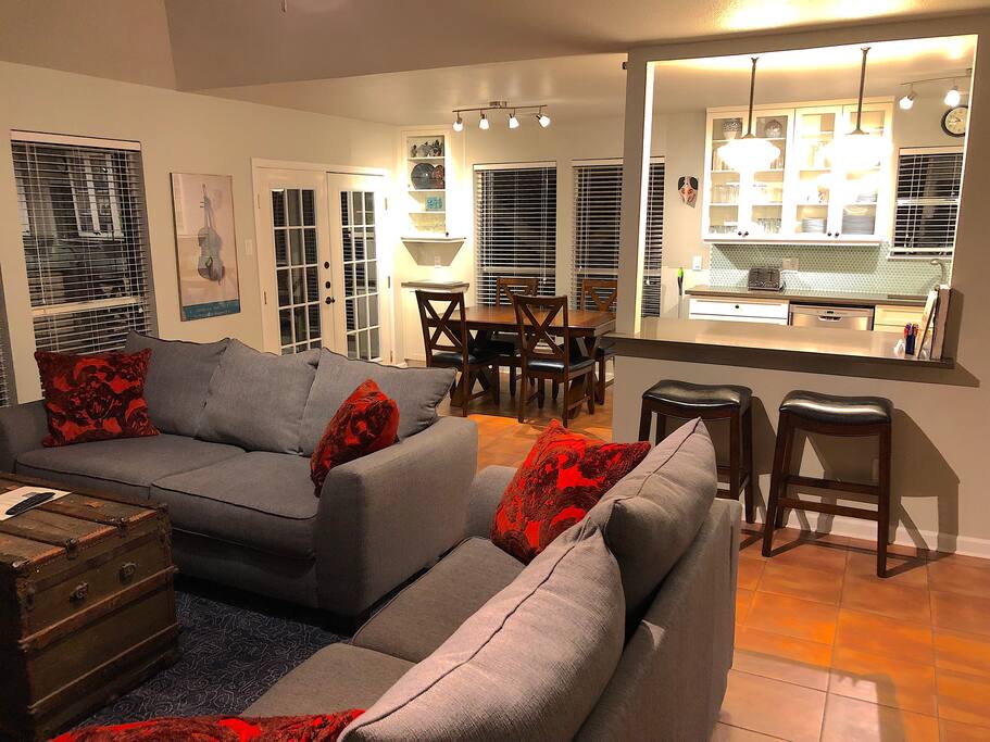 Living and kitchen at night.