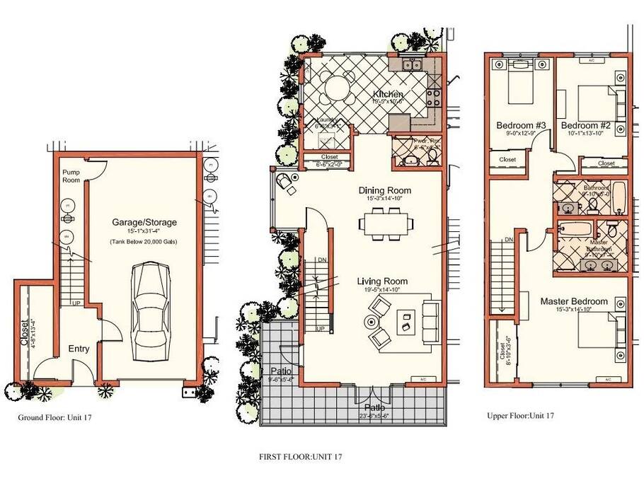 Three level townhouse with front and back porches, living and dining room, wood floors, three bedrooms and full equipped kitchen. The unit has 2100 sq feet of interior space.
