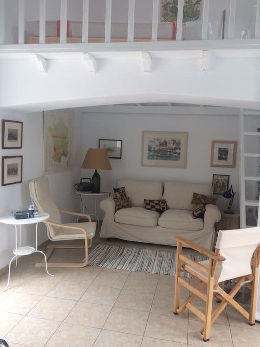 Main room with loft ladder to extra beds