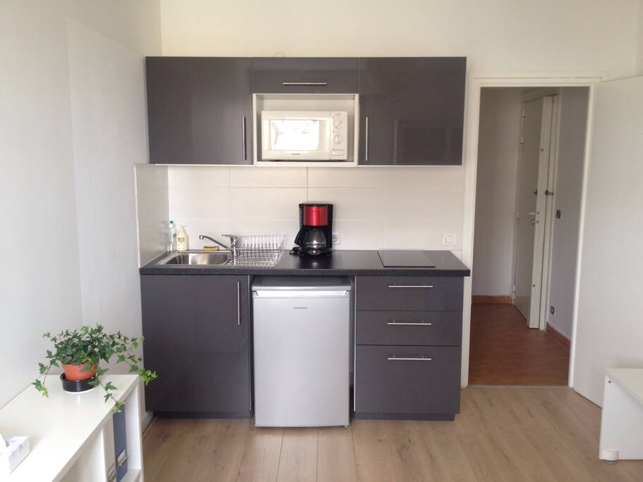 Cuisine équipée neuve (plaques de cuisson, frigo, micro-ondes, vaisselle, cafetière, grille-pain, bouilloire, etc...)