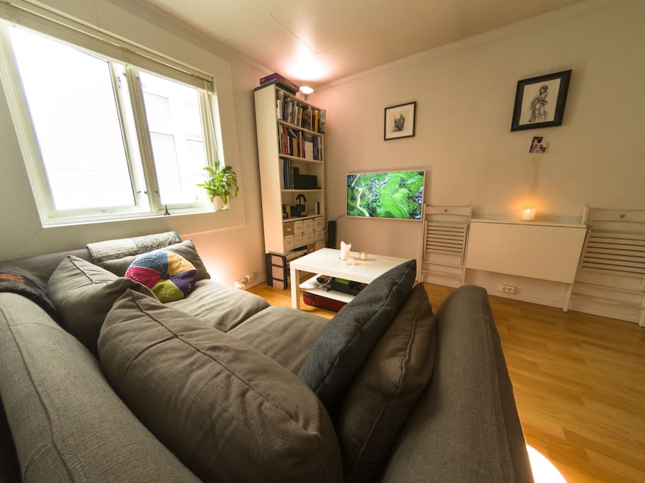 Intimate living room where you can enjoy a movie on a high quality TV with great sound. Set up with Apple TV with all access to Netflix, Hulu, etc. as well as movies and music from your own phone.