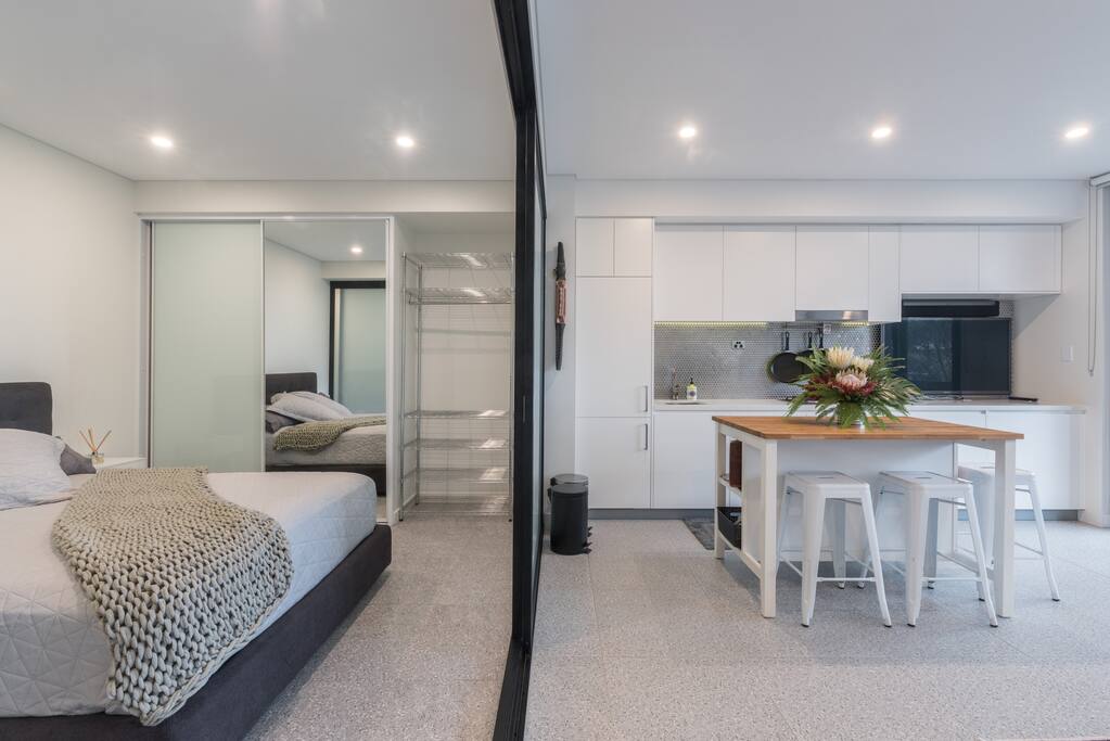 Bedroom and kitchen