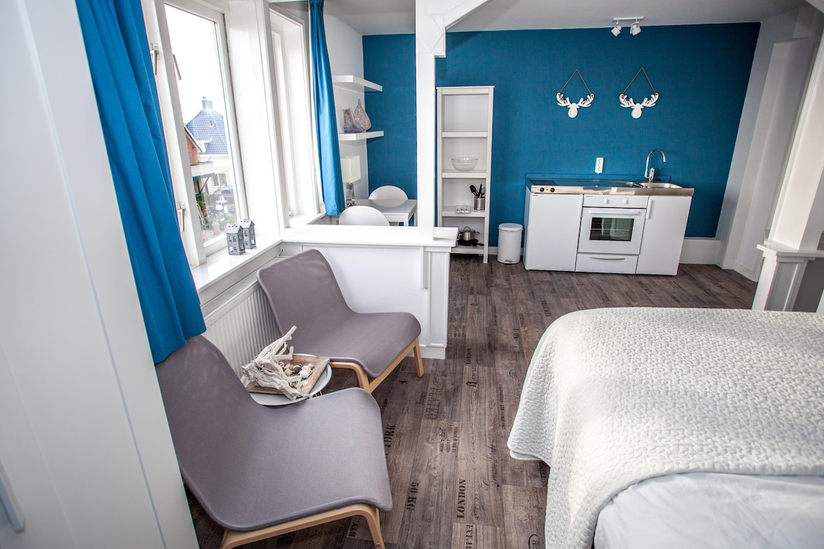 A bright living area features two modern lounge chairs positioned near large windows with blue curtains. A small kitchen area with white cabinetry is visible in the background, while decorative elements, such as coastal accents, complement the space.