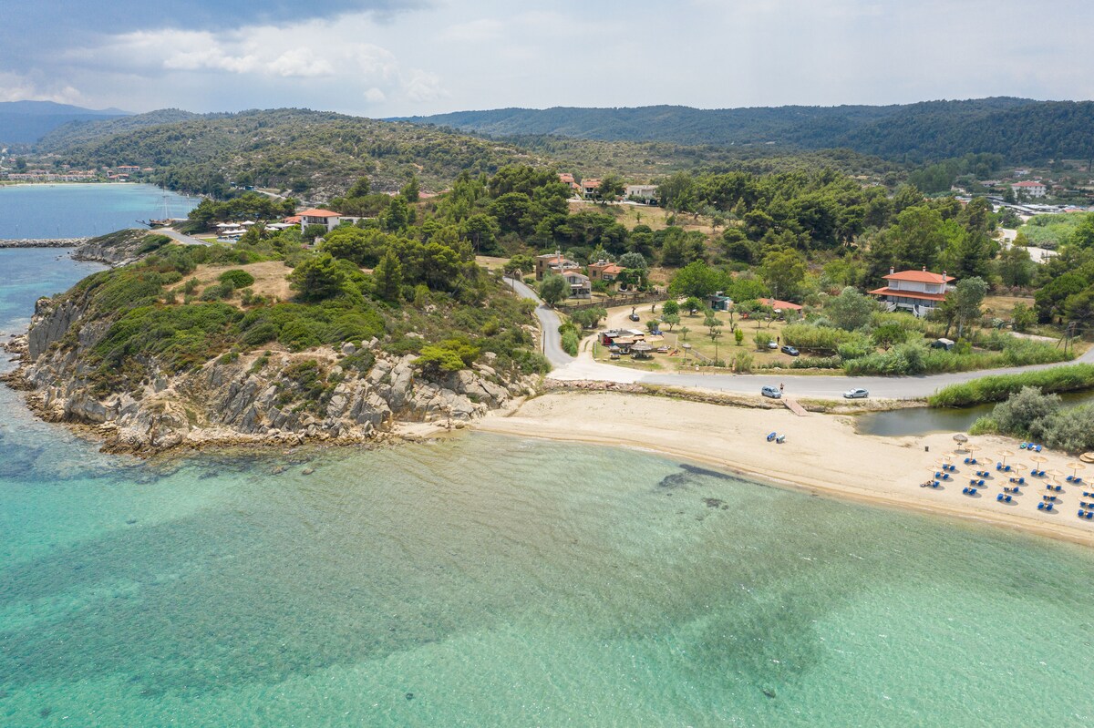 An aerial view captures the tranquil shoreline of Trani Ammouda beach, revealing clear turquoise waters gently lapping against the sandy beach. Lush greenery and residential areas line the coastline, with shaded sunbeds arranged neatly under the sun. The surrounding landscape features a blend of natural beauty and built spaces.