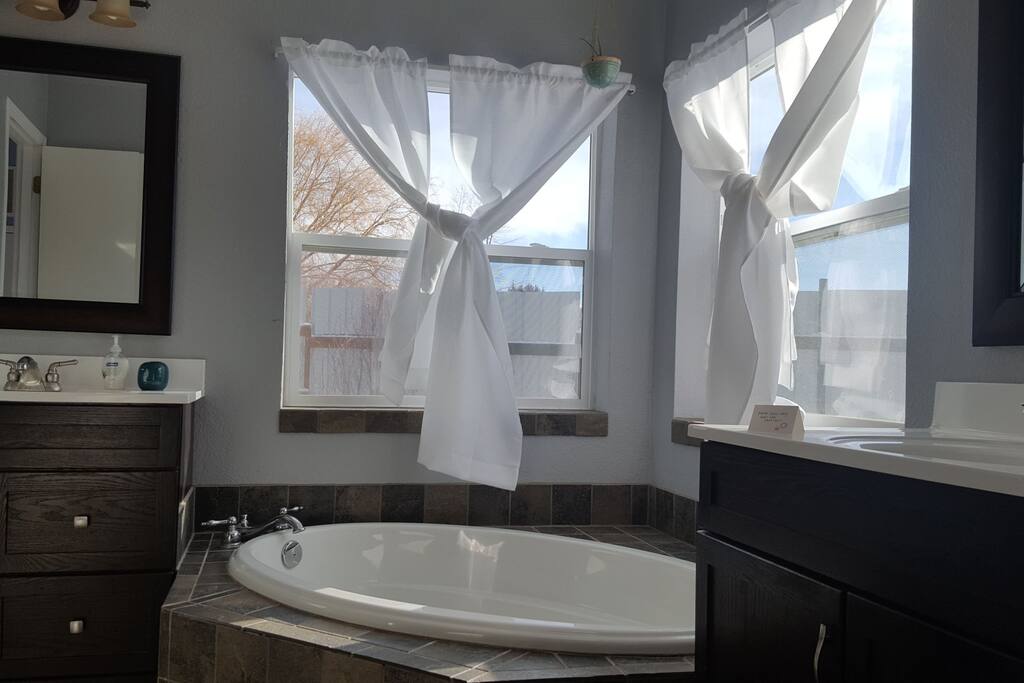 Large private bath with two sinks, a shower, a full length mirror, lots of light, and a big tub.