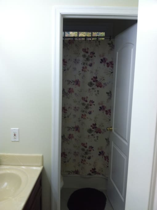 The bathroom is a split room, a door separates the shower/tub and comdode from the vanity giving you more privacy.