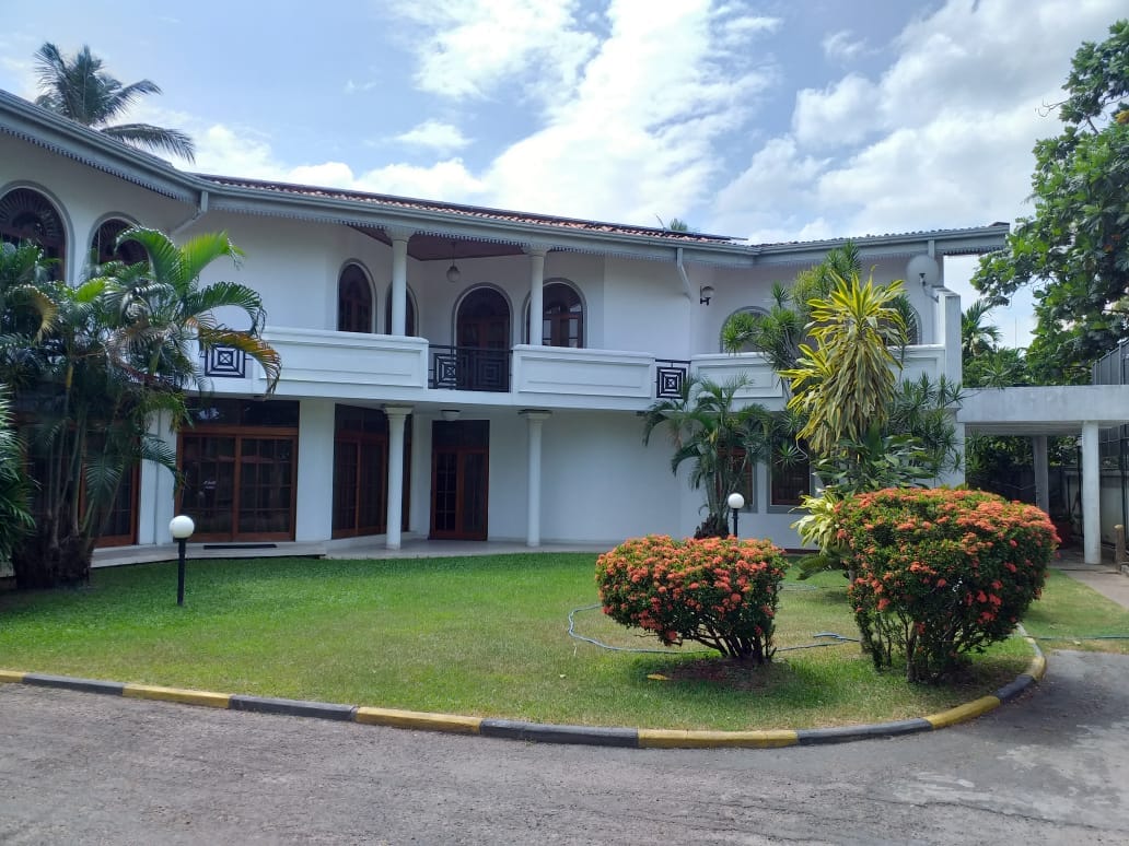 The exterior of a spacious house is shown, featuring a classic architectural design with arched windows. Lush greenery surrounds the property, including manicured bushes and tall palm trees. A landscaped lawn provides a welcoming entry, with light fixtures positioned along a circular driveway.