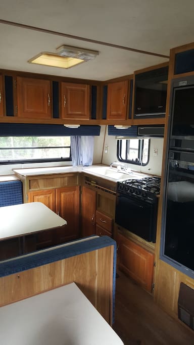 Fridge, Freezer, Stove, Oven, Microwave, Table folds down to a bed