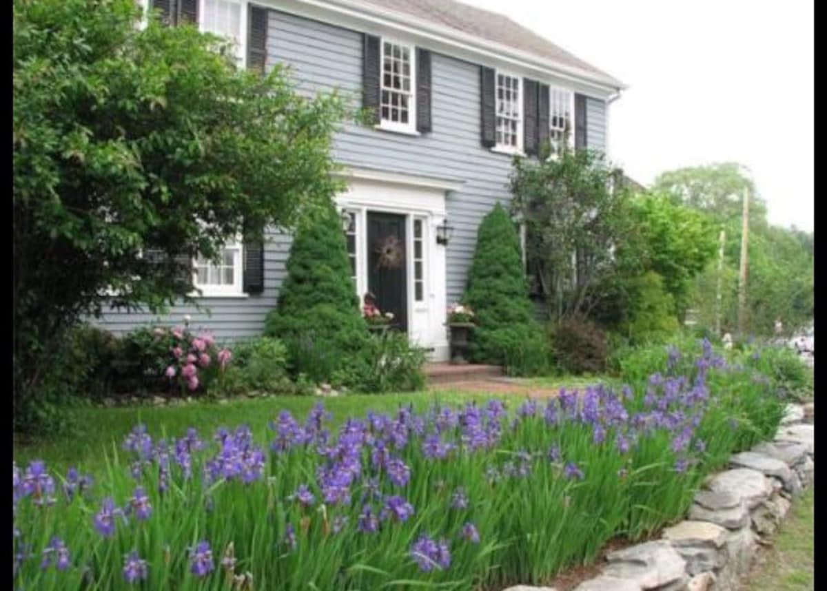 The historic home presents a charming exterior with blue siding and white trim. Lush green shrubs frame the front entrance, while vibrant purple flowers line the stone pathway, creating a welcoming feel. Multiple windows offer a glimpse of the traditional design.