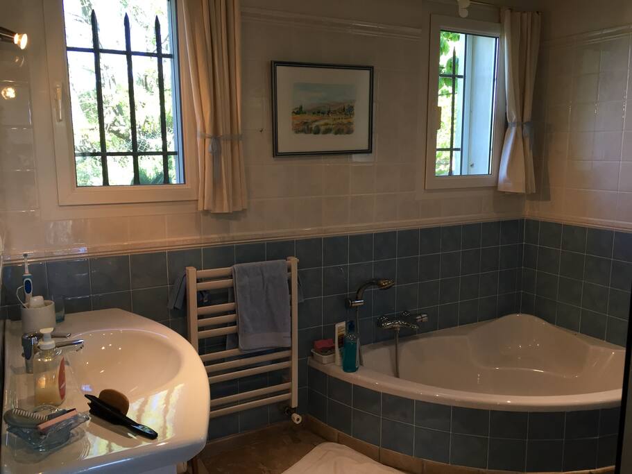 Baignoire, douche, WC. 3 fenêtres.