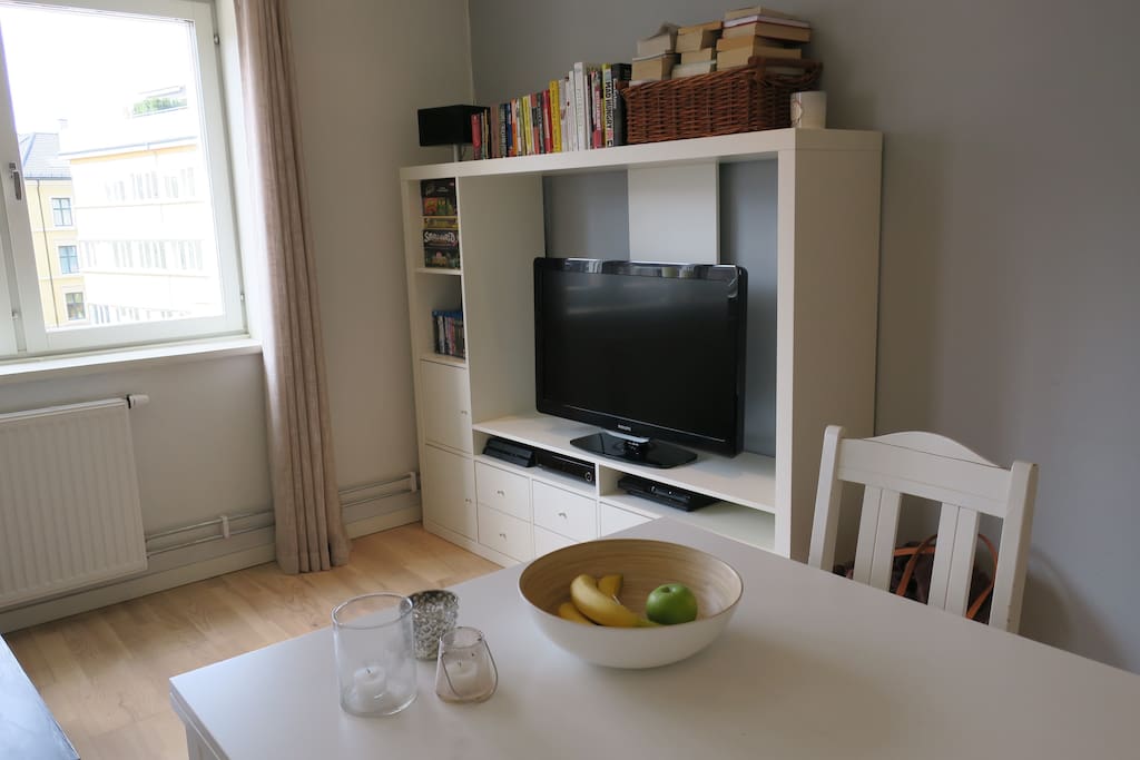 TV with cable, movies, board games and books.