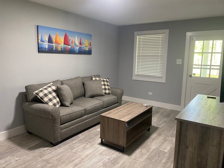 La sala de estar de la planta baja tiene fácil acceso al lago, un sofá cama tamaño queen y un televisor inteligente cargado de aplicaciones. 