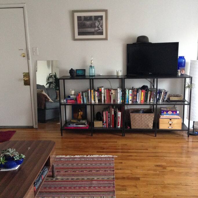 Sunny Living room with TV: Hulu, Netflix, HBO