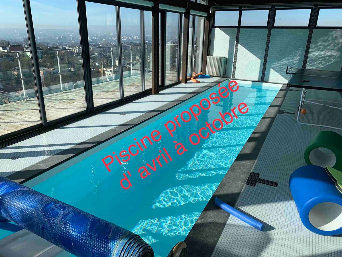 An indoor heated swimming pool is visible, featuring large south-facing windows that provide panoramic views of the surrounding area. The pool area is equipped with colorful floating mats and a yoga ball, enhancing the space for relaxation and leisure.
