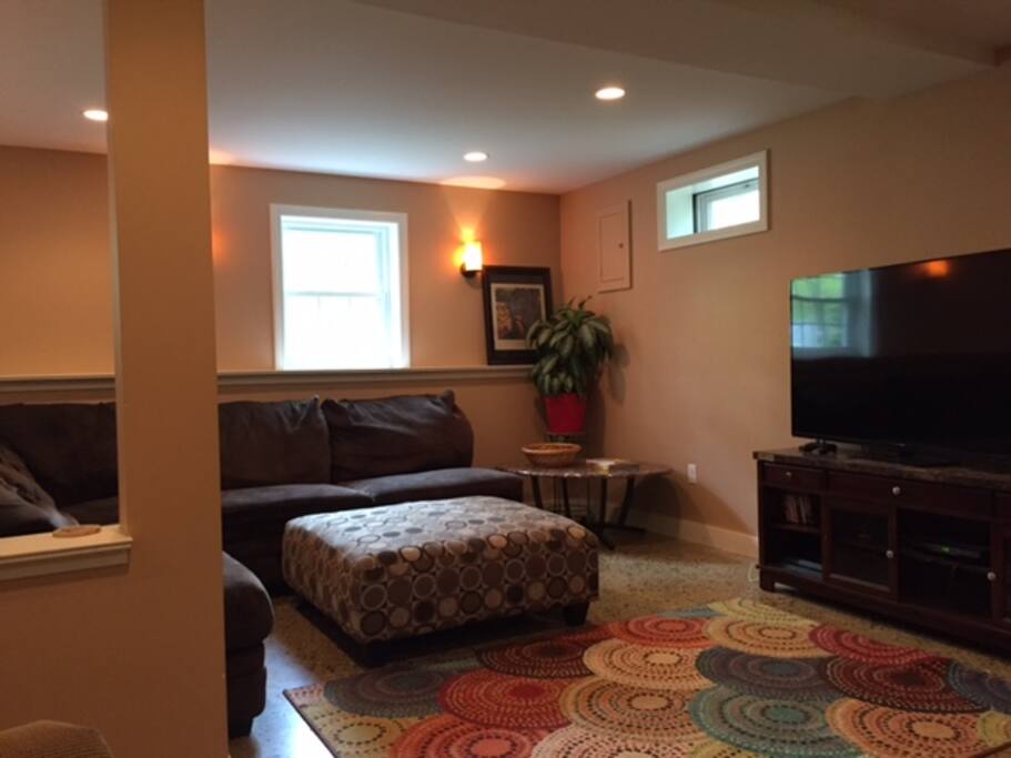 Guest suite: TV room with wraparound couch, lots of space to lounge. Pullout sofa/sleeper.