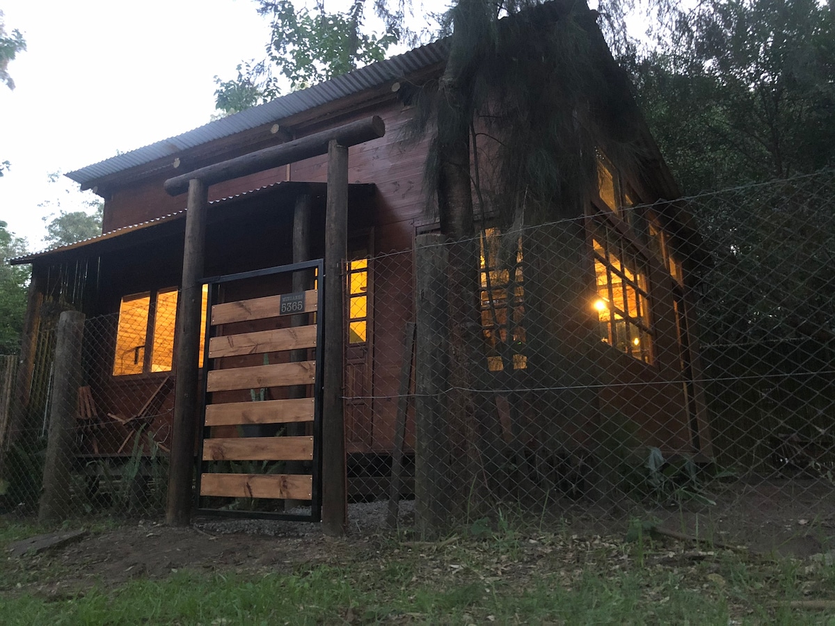 The exterior of a wooden cabin is surrounded by trees, with warm light glowing from its windows. A wooden gate leads into the fenced yard, and a rustic design reflects a connection with nature.