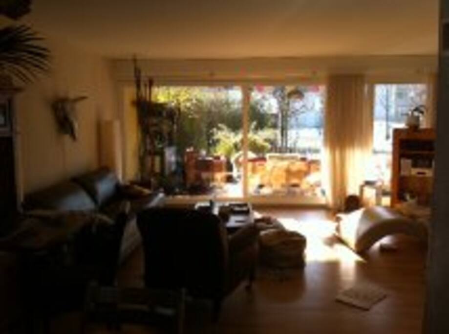 Lichtdurchflutetes Wohnzimmer mit Blick auf Garten und Terrasse
