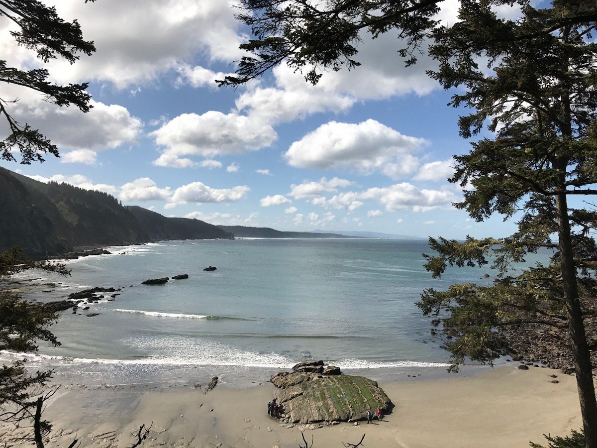 The image captures a scenic beach scene framed by lush coastal trees. Gentle waves lap against the sandy shore, while rocky formations dot the water. A cloudy sky meets the horizon over the ocean, enhancing the natural beauty of this coastal landscape.