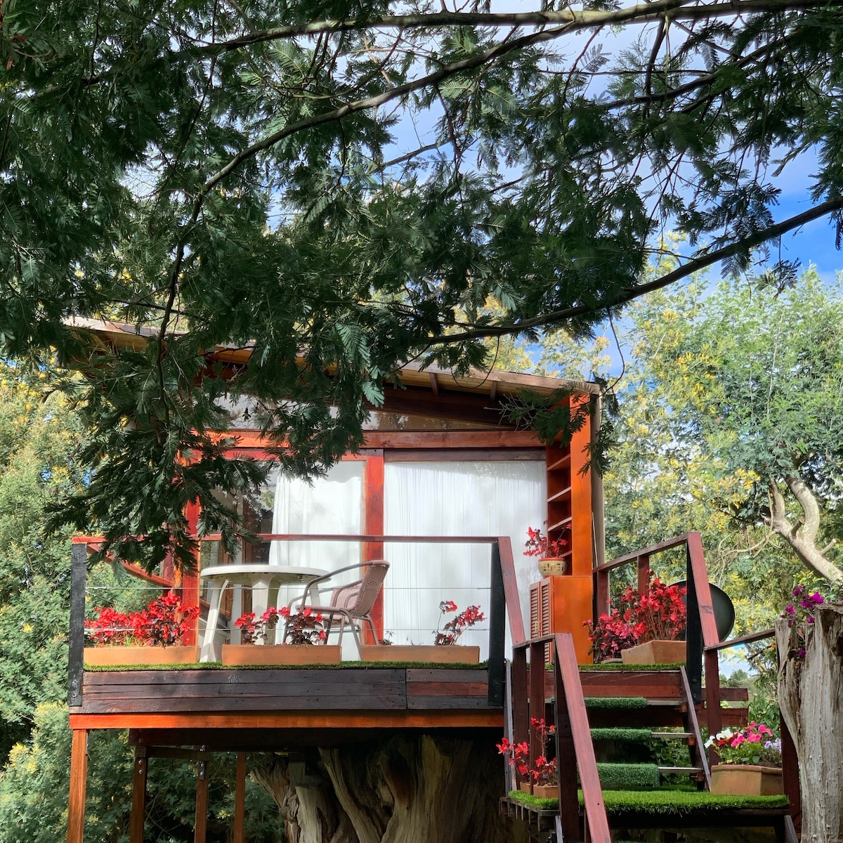 A charming tree house is situated among lush greenery, featuring a wooden deck adorned with vibrant red flowers. Two white chairs are positioned on the deck, offering a serene spot to relax and enjoy nature. Stairs lead up to the elevated entrance, surrounded by trees.