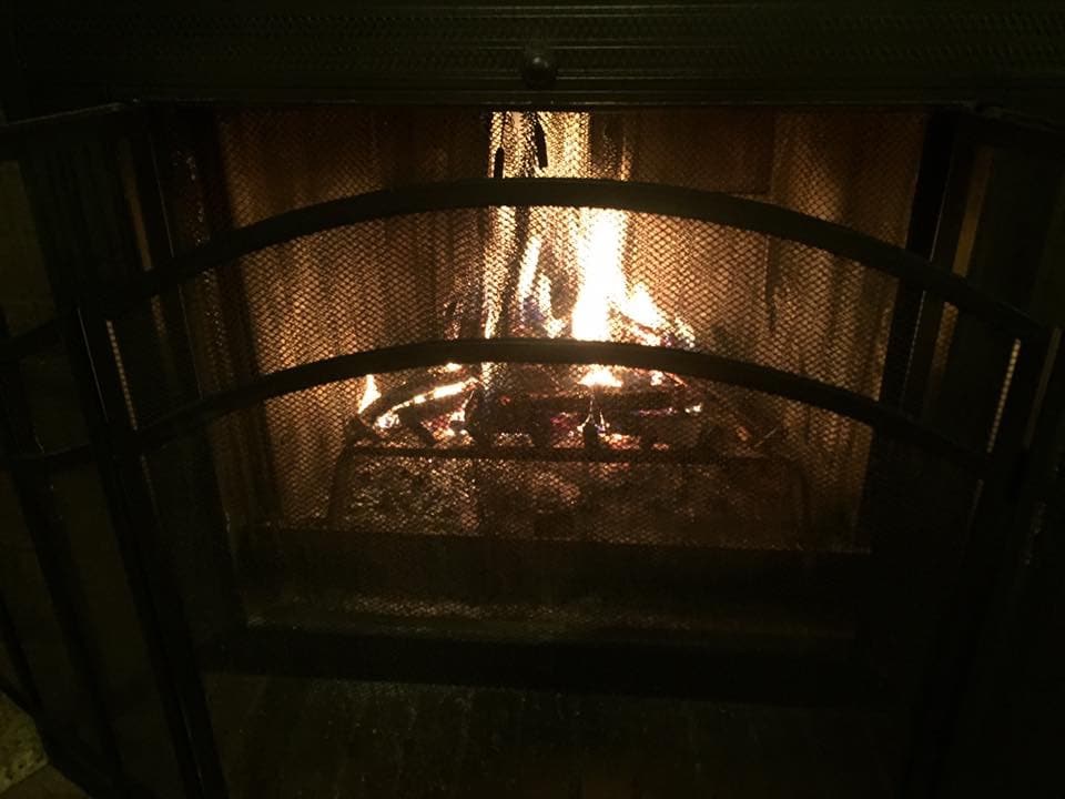 A cozy fireplace is pictured, featuring a metal screen that protects against sparks. Flickering flames dance above the logs, casting a warm glow in a dimly lit space. The hearth is visible, providing an inviting focal point for relaxation.