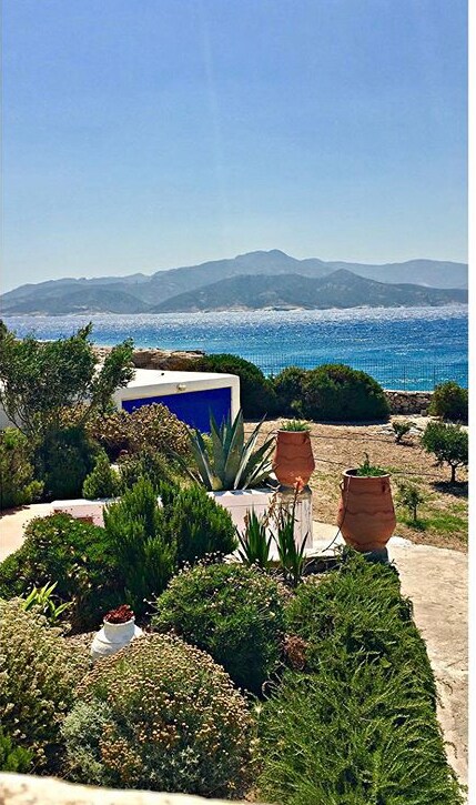 A landscaped outdoor area features a variety of greenery and potted plants, with terracotta pots accentuating the space. In the background, the sparkling ocean and distant mountains create a serene backdrop that enhances the natural beauty of the setting.