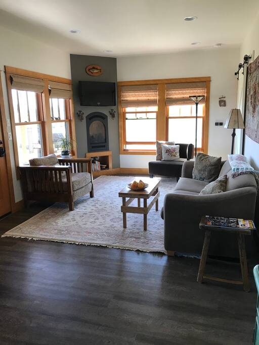 Passive solar by day, cozy fireplace at night